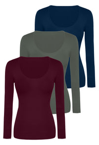 Bamboo Long Sleeve Top - 3 Pack Pacific Blue, Khaki, Wine Red