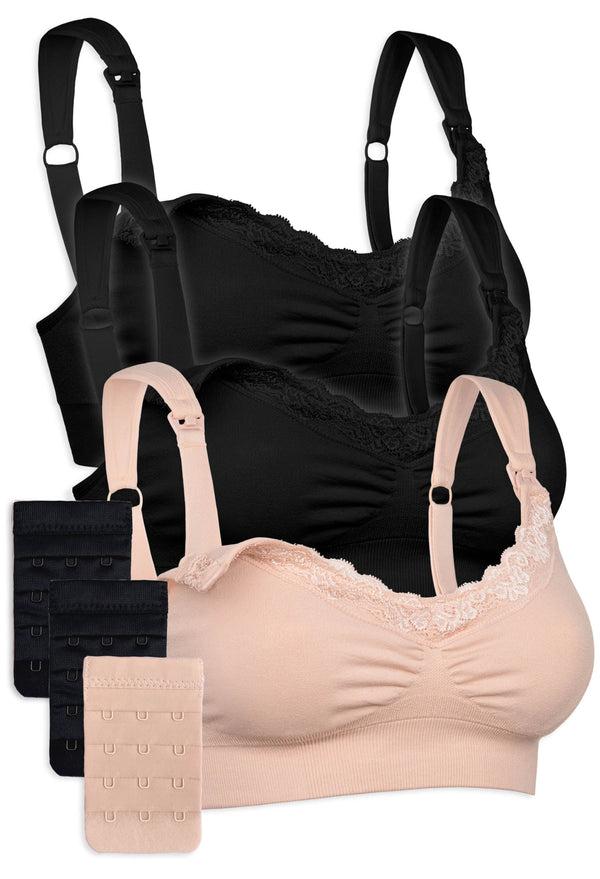 3 Pack Cushion Padded Strap Wire Free Maternity and Nursing Bra + Bra Extender Set