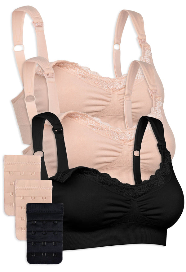 3 Pack Cushion Padded Strap Wire Free Maternity and Nursing Bra + Bra Extender Set
