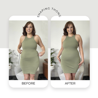 Before and after wearing high waist shaping G-string for a flatter lower tummy and smoother waist