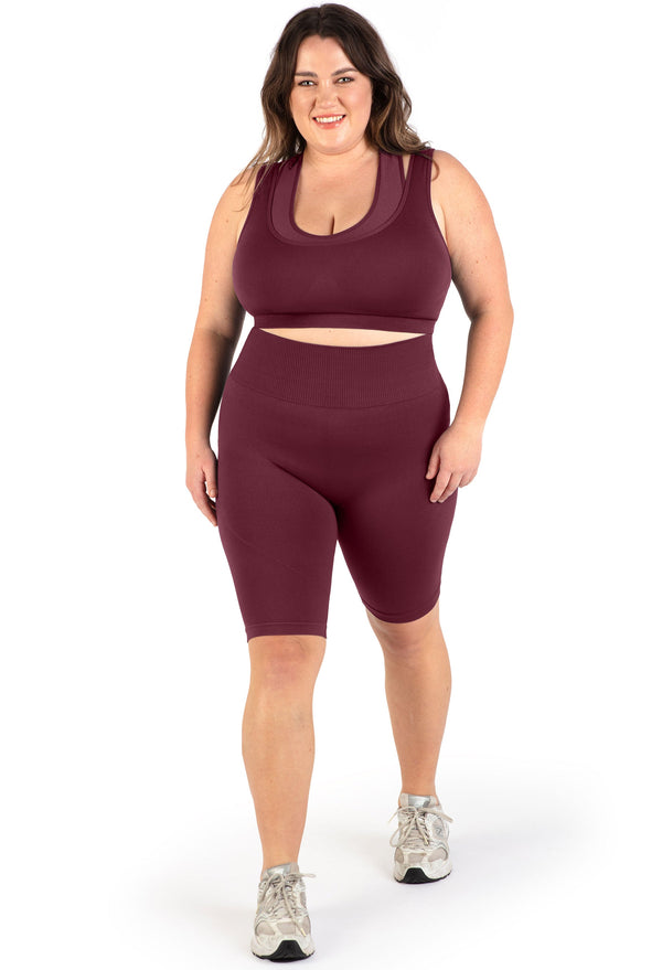 Plus Size Sports Bra - Triple-layer Support Racer & High Waist Long Biker Shorts