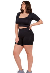 Square Neck Short Sleeve Crop Top & High Waist Midi Biker Shorts