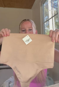 Tan high waist shaping G-string with firm tummy control, lower tummy smoothing and no panty lines