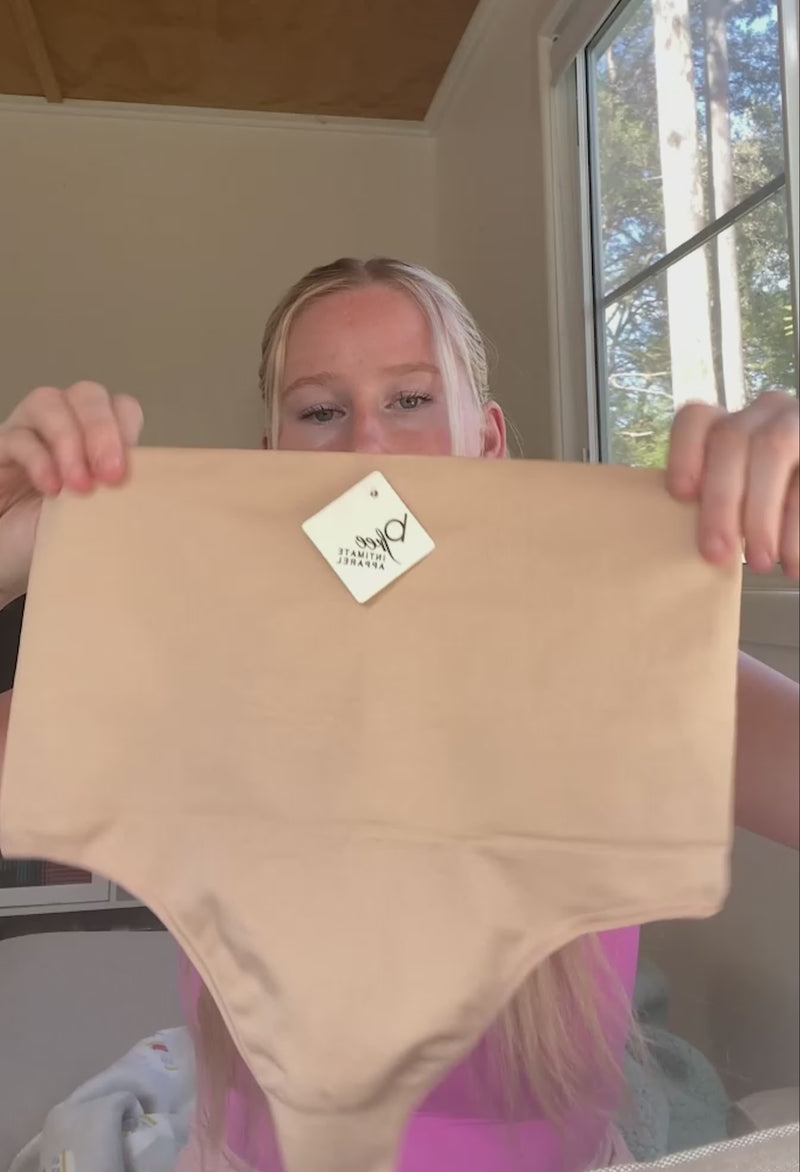 Tan high waist shaping G-string with firm tummy control, lower tummy smoothing and no panty lines