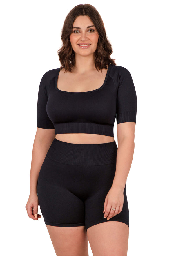 Square Neck Short Sleeve Crop Top & High Waist Midi Biker Shorts