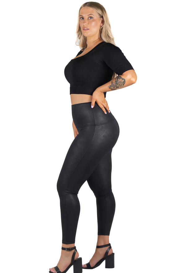 Stretchy faux leather leggings for women, perfect for work or casual wear